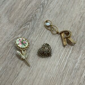 VINTAGE GOLD PIN/PENDANt Late 1900s rose flower R initial heart pearl​